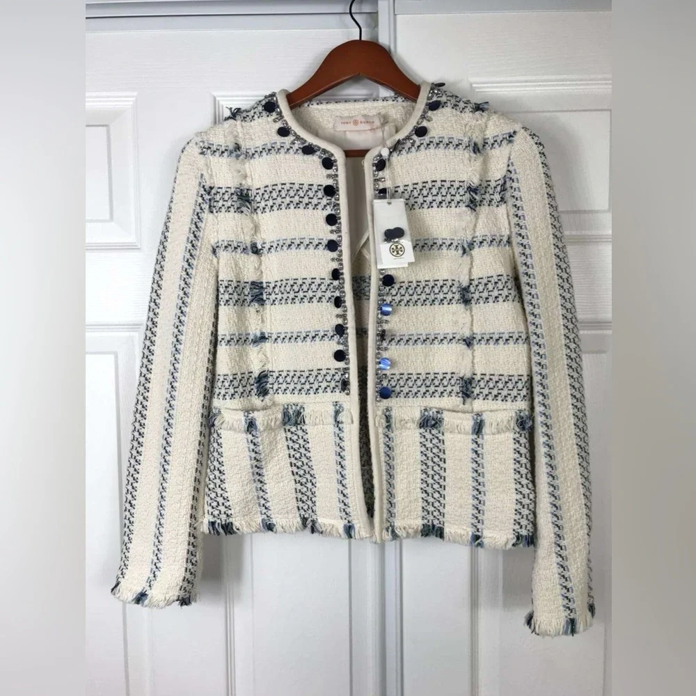 NWT $495 Tory Burch Abbot Embellished Striped Tweed Jacket